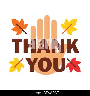 Dankeschön-Vektorillustration mit handgemaltem Dankeschön und bunten Herbstblättern auf weißem Hintergrund isoliert Stock Vektor
