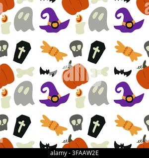 Niedliches Halloween-Muster ohne Ende mit Geistern, Kürbissen und Hexenhüten auf hellblauem Hintergrund Stockfoto