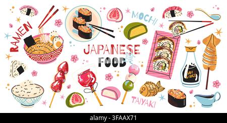 Japanisches Essens-Sticker-Set mit Sushi, Ramen, Mochi, Taiyaki, Reis, Sojasauce, Essstäbchen und traditionellen japanischen Snacks in einem farbenfrohen handgezeichneten Vektorstil. Vektorillustration Stock Vektor