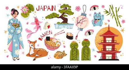 Japanische Kultur- und Reise-Aufkleber-Set mit Kimono-Frau, Koi-Fisch, Ramen, Bonsai, Bambus, Maneki-Neko, Hirsch, Pagode, japanischer Laterne und traditionellen Symbolen. Vektorillustration Stock Vektor