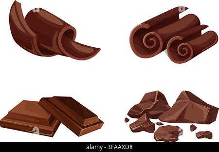 Illustrationsset mit verschiedenen Schokoladenstücken, Riegeln, Locken und Brocken in satten Brauntönen, perfekt für Lebensmittel, Desserts, Backen und Konditorei-Themen Stock Vektor