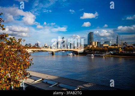 Blick auf die Skyline von London über die Themse mit modernen Wolkenkratzern, der Waterloo Bridge und herbstlichem Laub im Vordergrund in London, England Stockfoto