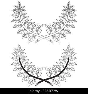 Schwarz-weiß-Silhouette von Lorbeerzweigen mit stilisierten linearen Umrissen für Stempel, professionelle Logos und reine minimalistische Designvorlagen. Stock Vektor