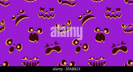 Nahtloses Muster von gruseligen und lustigen Halloween-Kürbislachen auf helllila Hintergrund. Vektor-Flachillustration, festliches Lila perfekt für den Feiertag Stock Vektor