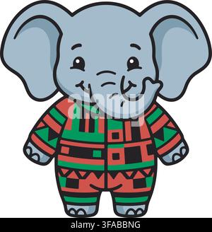 Süßer Babyelefant trägt ein afrikanisches Dashiki-Kwanzaa-Muster-Outfit Safari-Tier-Vektor-Illustration Grafik-Clipart Stock Vektor