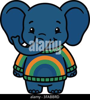 Blauer Babyelefant mit gestreiftem Regenbogenstrickpullover Safari-Tier-Vektorillustration Grafik-Clip-Art Stock Vektor