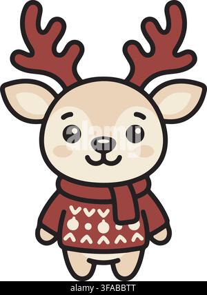 Babyrendier mit rotem gestricktem Weihnachtspullover und Schal, Feiertags-Hirschgeweih, Vektorillustration, Grafik-Clipart Stock Vektor