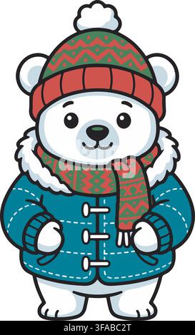 Niedliches Eisbärchen mit Wintermantel, Beanie und Schal, Weihnachtsfeiertags-Tier-Vektor-Illustration, Grafik-Clipart Stock Vektor