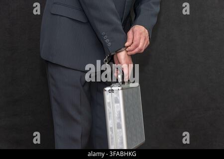 Zuschnittansicht eines Mannes im Anzug mit Handschellen, die an einem silbernen Aktenkoffer befestigt sind. Stockfoto