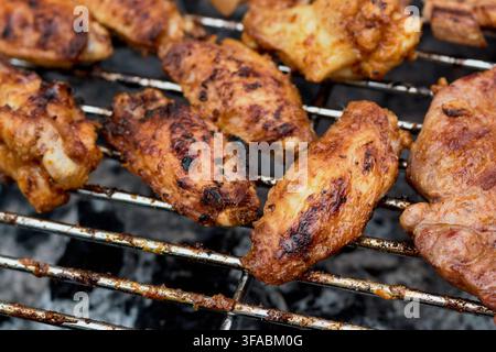 Nahaufnahme von goldbraunen marinierten Hähnchenflügeln, die über glühenden Kohlen auf einem Metallgrillrost während eines sommerlichen Außengrillfestes garen Stockfoto