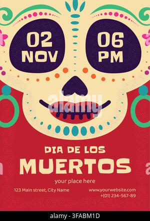 Einladungsplakat für die Día-de-los-Muertos-Party mit Zuckerschädel, Datum 2. November und farbenfrohem Design zum Tag der Toten Stock Vektor