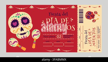 Vorlage für ein Día-de-los-Muertos-Party-Ticket mit Zuckerschädel und Maracas, farbenfrohes Design für die Eintrittskarte einer Fiesta am Tag der Toten Stock Vektor