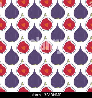 Figurenmuster. Halb geschnittene violette Frucht. Süßes Fruchtfleisch. Lebensmitteldruck auf weißem Hintergrund. Ernte. Vegane Nahrung. Sommer Stock Vektor