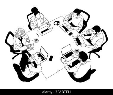Menschen sitzen um einen Tisch herum und konzentrieren sich auf Laptops Stock Vektor