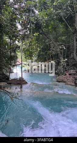 Türkis fließender Süßwasserfluss durch dichten tropischen Regenwald und natürliche Teiche in Sulawesi, Indonesien. Stockfoto