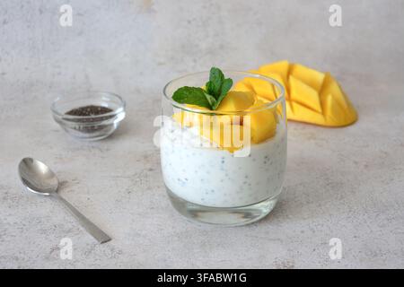 Chia-Pudding mit frischem Mangofrucht und Minzblättern auf grauem Hintergrund Kopierraum Stockfoto