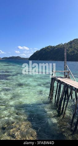 Rustikaler Holzsteg, der sich über klares türkisfarbenes Wasser in Richtung üppiger tropischer Inseln in Sulawesi, Indonesien, erstreckt. Stockfoto