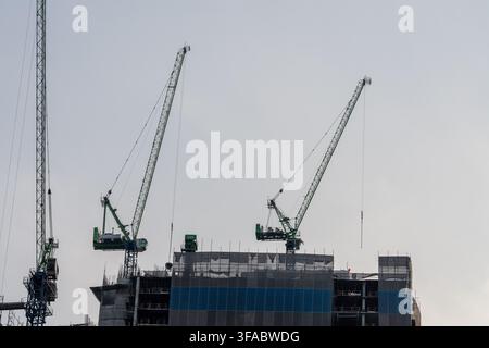 BANGKOK METROPOLITAN AREA, THAILAND — 20. JANUAR 2026: Zwei große Kräne erheben sich über die unfertigen Obergeschosse einer Hochhausentwicklung. Stockfoto