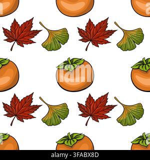 Chuseok nahtloses Vektormuster mit Persimmons, Ginkgo und Ahornblättern für die Herbstfeier Stock Vektor