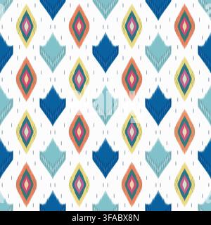 Buntes Ikat-Geometrisches Diamant-Pfeilspitzen-Muster ohne Naht auf weißem Hintergrund. Stockfoto