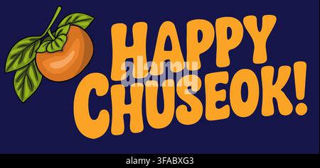 Fröhliches Chuseok-Vektorbanner mit einer reifen orangefarbenen Persimmonfrucht und fetter Typografie auf einem dunkelblauen Hintergrund Stock Vektor