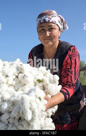 KIRGISISTAN, Bazar-Korgon bei Jalalabad, Landwirtschafts- und Dienstleistungsgenossenschaft ACSC Bio-Farmer, Projekt Bio- und Fairtrade-Baumwollfarm, Frauen bei Ernte / KIRGISTAN, Bazar Korgon, Projekt Fairtrade und Bio-Baumwolle Anbau ACSC Bio-Farmer, Frauen bei Ernte Stockfoto