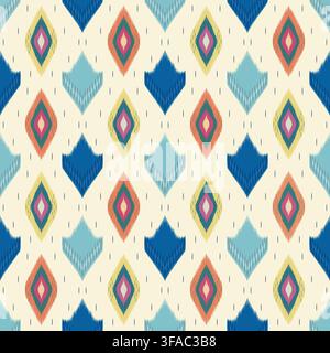 Farbenfrohes Ikat-Geometrisches Diamant-Pfeilspitzen-Muster auf hellgelbem Hintergrund. Stockfoto