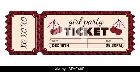 Mädchenparty-Ticket im Vintage-Stil mit Kirsch- und Leopardenmuster-Details, dekorativem Rand und bearbeitbaren Datums- und Zeitfeldern, trendiges feminines Einladungsdesign. Vektorillustration Stock Vektor