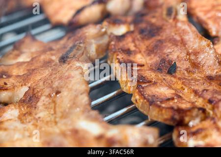 Saftige gewürzte Schweinebauchschnitten, die auf einem heißen Metallgrillrost grillen, zeigen eine köstliche goldbraun geröstete Kruste und zart gekochtes Fleisch Stockfoto