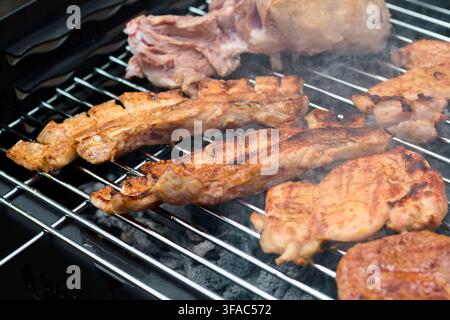 Marinierte Schweinebauchstreifen und zarte Fleischsteaks brutzeln über glühenden Holzkohleglut auf einem Metallgrillrost mit aufsteigendem Rauch während eines Co Stockfoto