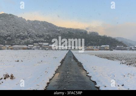 Morgenlicht auf schmaler Straße in verschneiter Landschaft führt zu einem ländlichen Dorf in Japan Stockfoto
