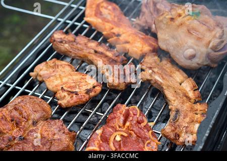 Saftige marinierte Schweinsteaks, Spareribs und gewürzte rohe Fleischschnitten, die langsam auf einem Drahtgrill über glühenden Holzkohlebrocken braten während Stockfoto