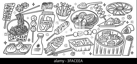 Asiatische Essensskizzen auf weißem Hintergrund. Vektorskizzen-Set mit Ramen-Schüssel, Sushi-Rollen, Knödeln, Kimchi und Mochi-Dessert, Symbole für Restaurantmenü, Kochblog, authentische Küchenplakatdesigns Stock Vektor