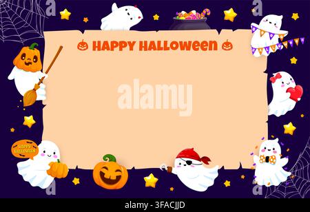 Fröhliche Halloween-Grüßkarte mit kawaii Geistern Stock Vektor