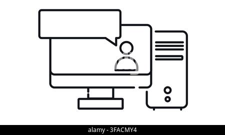 Desktop-Computerturm und Monitor mit Benutzergesprächsblasen-Symbol auf dem Bildschirm-Vektor-Icon. Stock Vektor