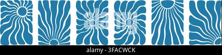Blaues Sommer-Sonne-Boho-Poster-Set. Mediterranes, karibisches, hawaiianisches Strand-Küsten-Design. Unregelmäßige abstrakte funky unregelmäßige Kreisradiale Form. Meer Stock Vektor