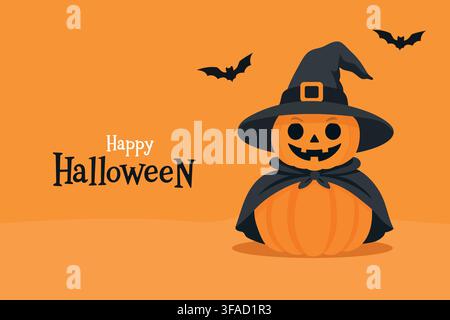 Fröhliche Halloween-Kürbisahexe mit Fledermaus-Hintergrund Stock Vektor