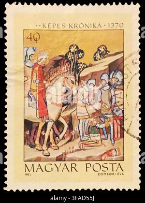 Vintage 1971 ungarische Briefmarke, die das mittelalterliche Illuminierte Chronikon von 1370 darstellt Stockfoto