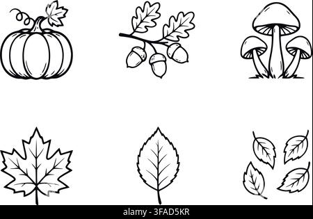 Isolierter Satz von sechs sauberen Strichzeichnungen mit Herbstmotiven, darunter ein Kürbis, ein Ahornblatt, Eichenblätter mit Eicheln, Pilze und einfache Blattformen auf einem weißen Hintergrund Stock Vektor
