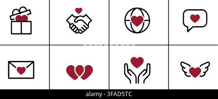 Isolierte Sammlung von acht einfachen Vektor-Icons, die verschiedene Liebesthemen darstellen, wobei jedes ein Herzsymbol in einem sauberen und modernen Design auf weißem Hintergrund zeigt Stock Vektor