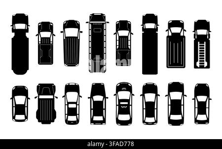 Silhouette von oben auf das Auto. Stadtfahrzeug-Symbol. Overhead-Stadtverkehrsform-Silhouetten, Automobil, Van, SUV. Verschiedene Autos von oben gesehen. Vektor Stock Vektor