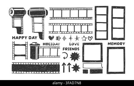 Fotostreifen-Elemente. Doodle-Fotokamera-Diashow. Vintage handgezeichneter Bleistift-Fotorahmen, Buntstift-Filmrand, Kreide-Filmrolle. Erinnerungsbrett-Elemente Stock Vektor