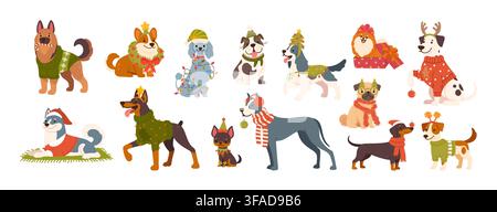Weihnachtsfeiertags-Hunde. Niedliche Haustiere mit Weihnachtsmannmütze, Schal, Winterpullover. Tier in lustigem Kostüm, Hund mit Feiertagsgirlande. Cartoon-Welpe Mops, Chihuahua Stock Vektor
