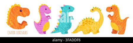 Handgezogenes Kreide-Dinosaurier-Buntstift-Set. Bezaubernde prähistorische Kreaturen Dinosaurier niedlicher Buntstiftstil. Lustige Kinderelemente für Geburtstagskarten und kreative Projekte. Vektor-Kinder-Kinderzimmer-Design-Illustration Stock Vektor