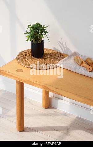 Wellness- und Selbstpflegekonzept Spa und Entspannung mit Bambuspflanze, Holzbürsten und Handtuch auf einer Bank Stockfoto