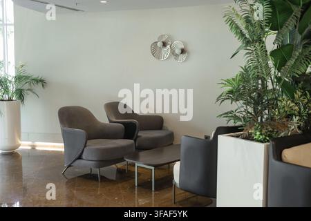 Moderne Inneneinrichtung eines Loungebereichs mit zwei grauen Sesseln, einem Glastisch und dekorativen Pflanzen in weißen Töpfen. Helle und geräumige Atmosphäre Stockfoto