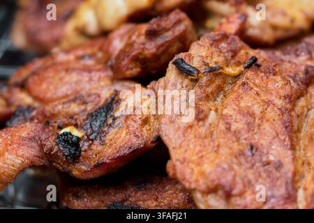 Nahaufnahme von saftigen, gewürzten Schweinehalssteaks, die auf einem Barbecue-Grill braten, mit verkohlten, knusprigen Rändern und einer schmackhaften Kruste, zubereitet für ein Fest. Stockfoto