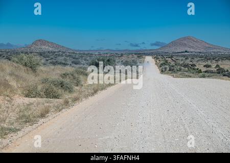 Weite namibische Landschaft mit einer langen, geraden Schotterstraße, die sich unter einem klaren blauen Himmel in Richtung entfernter Hügel erstreckt. Das aride Gelände ist bedeckt mit Stockfoto