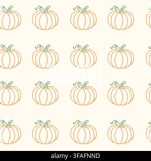 Herbst-Kürbis-Kreuzstich-Stickerei nahtloses Muster. Vintage-pixelige Handarbeit wiederholender Hintergrund mit handgefertigtem orangefarbenem Kürbis-Vektor Stock Vektor