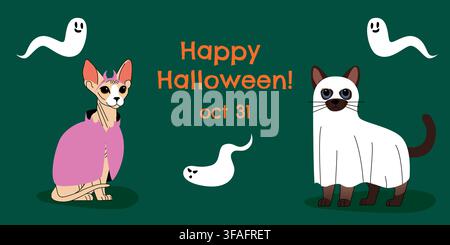 Niedliche Halloween-Grußkarte mit zwei Katzen in gruseligen Kostümen und schwebenden Geistern auf einem dunkelgrünen Hintergrund, mit festlichem Happy Halloween Stock Vektor
